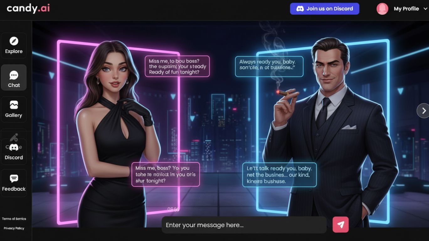 Digital illustration of a futuristic nsfw chat bot portraying an AI girlfriend and mafia boss persona, highlighting digital intimacy, ethical AI design, and immersive chat interactions.
