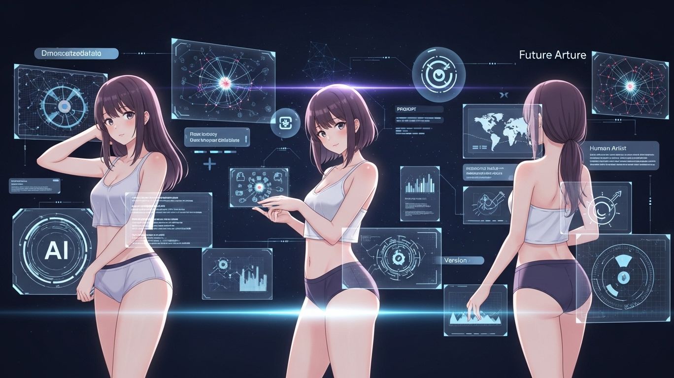 Futuristic anime illustration showing the future of naked ai girls created through artificial intelligence, featuring stylized anatomy, glowing AI interfaces, ethical guidelines icons, and collaborative digital art elements.