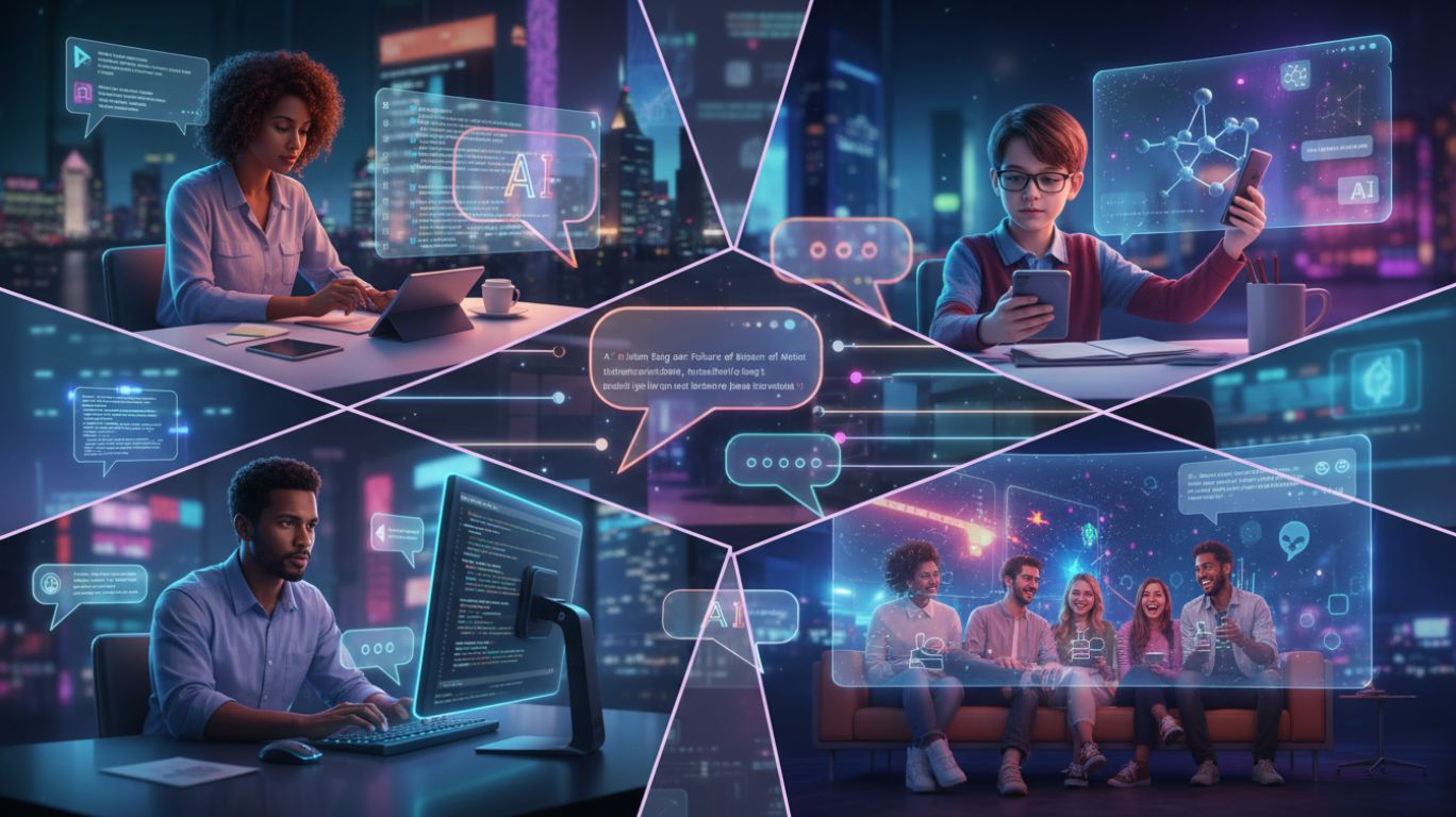 Illustration showing people using AI chat for writing, learning, coding, and entertainment, highlighting the many ways AI chat can be used in everyday life