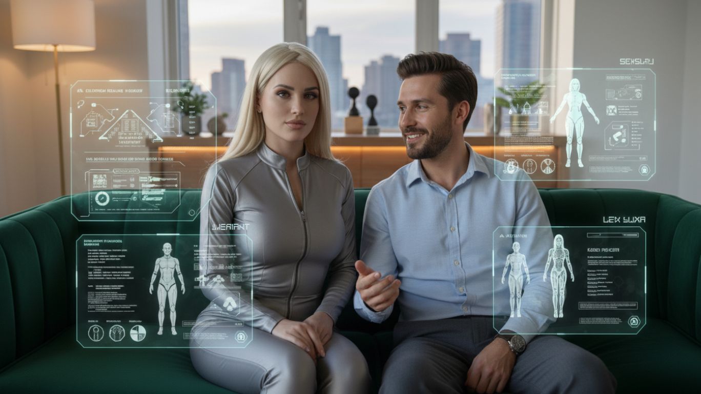 Person thoughtfully interacting with a lifelike sex bot in a modern environment, illustrating tips for choosing the right sex bot or AI companion. Highlights personalization, advanced AI, and human-robot interaction.