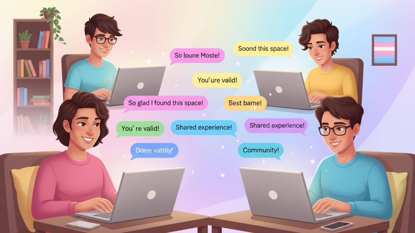 Illustration showing a supportive online trans chat room where transgender individuals connect, communicate safely, and build community in a welcoming digital space.