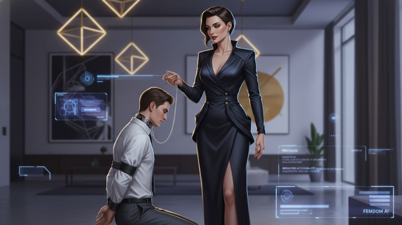 Illustration of a confident dominant woman guiding a submissive in a stylish modern room, representing emotional structure, discipline, and guided interaction in femdom AI. Artistic digital representation of immersive, user-controlled power dynamics.