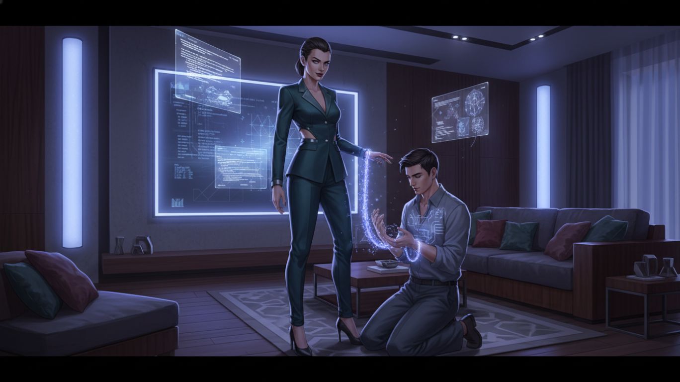 Illustration of a confident dominant woman guiding a submissive in a private, elegant room, highlighting structured guidance, defined roles, and personal growth in femdom AI. Artistic digital representation of immersive, judgment-free AI-driven interaction.