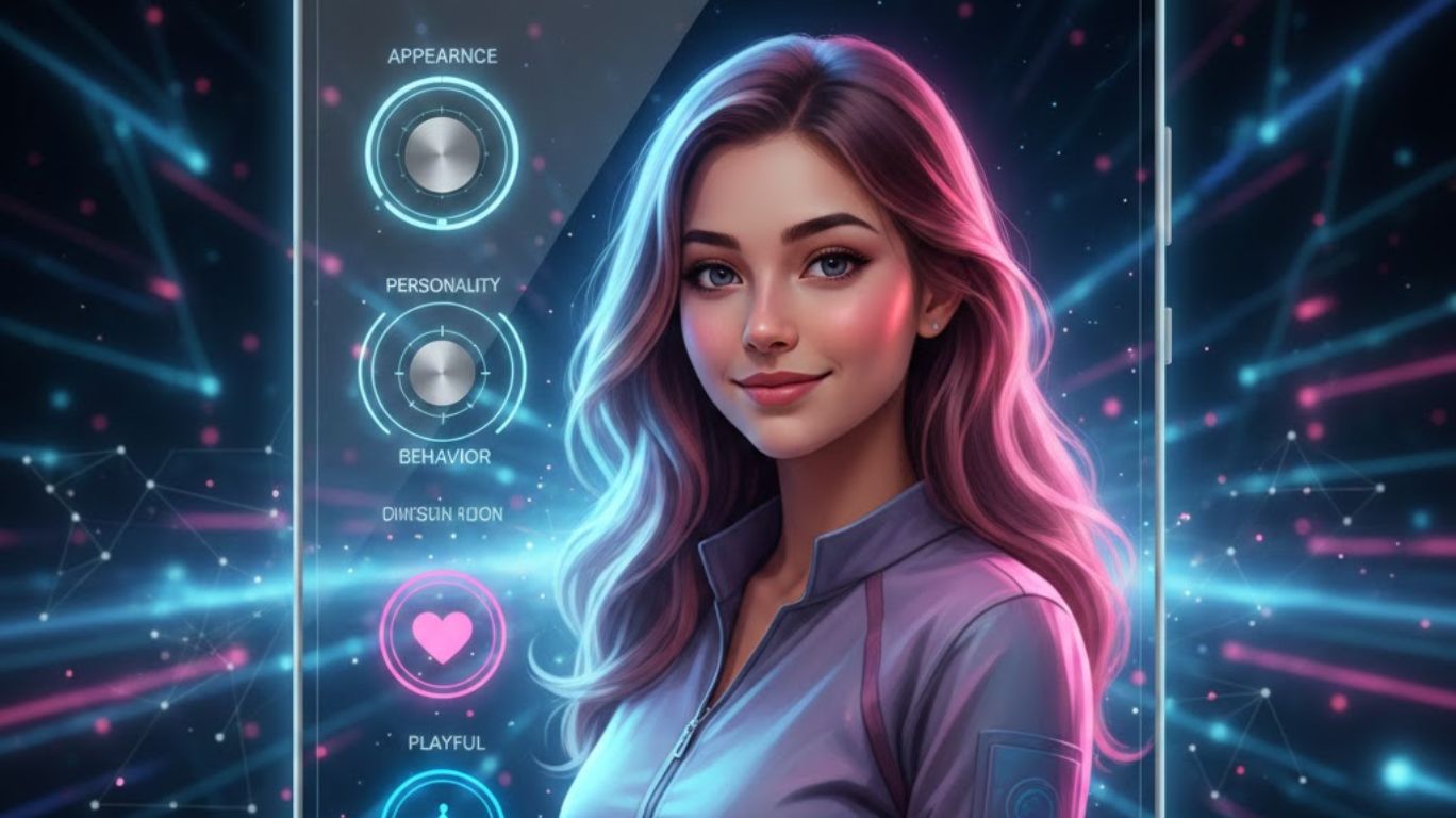 Realistic AI SexChat interface displaying a customizable digital companion with options for appearance, personality, and interactive behavior, emphasizing safe and personalized digital companionship.