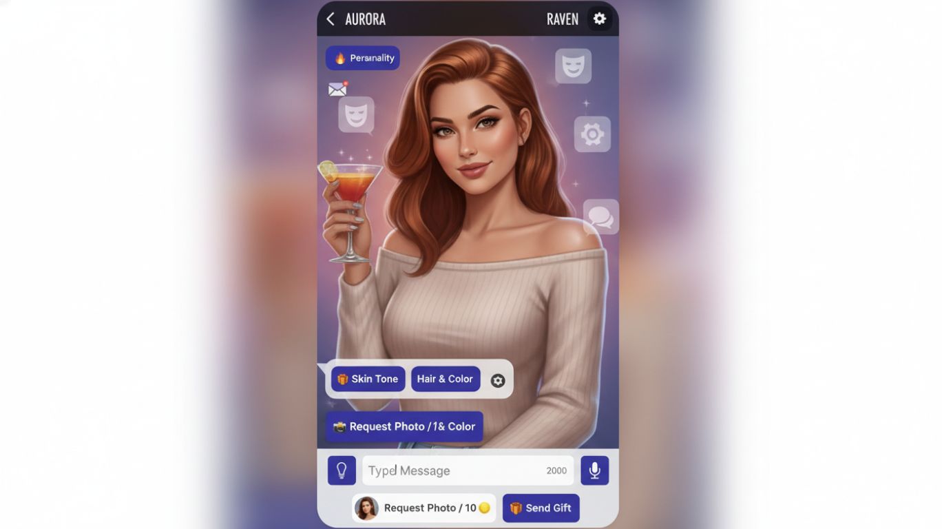 Realistic AI SexChat companion on smartphone screen with customizable appearance and personality options, showing interactive features for romantic, playful, and supportive digital conversations.