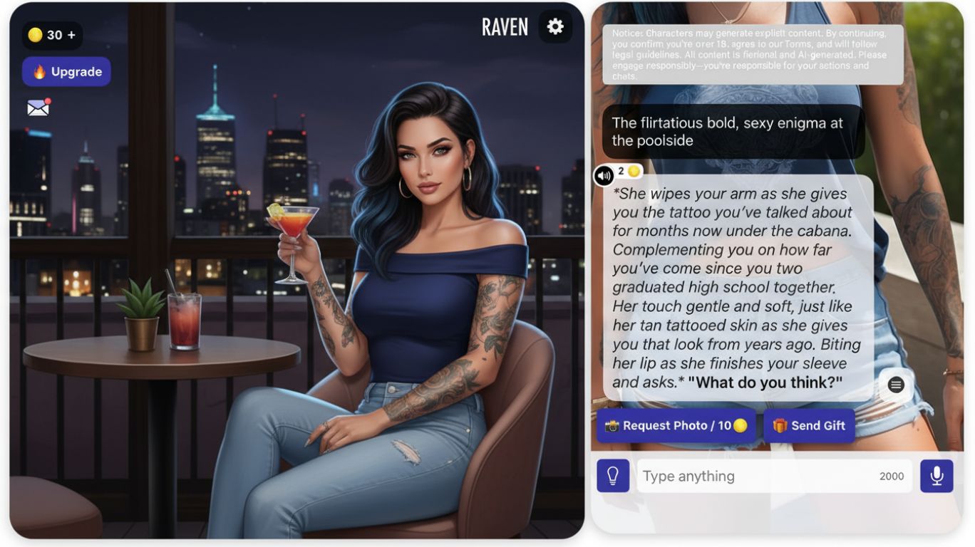 Woman with dark hair and tattoos holding a cocktail at a table with city skyline, featuring AI SexChat interface elements for interactive digital companionship.