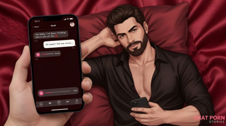 A digital illustration showing a person holding a smartphone displaying a chat conversation with the text ‘Hey Baby, I’ve been thinking about you all day.’ and ‘Of yashi tell me more.’ In the background, a man with dark hair and a beard reclines on a red satin surface. The scene emphasizes intimate digital conversation, fantasy, and playful engagement, representing chat porn. Soft, warm lighting creates a sensual yet tasteful atmosphere. Artistic, high-resolution, slightly stylized composition, 1368 x 768 pixels, highlighting interactive adult communication and emotional connection.