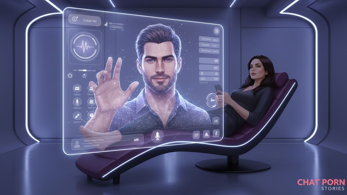 Futuristic illustration of a person interacting with AI through digital chat, showcasing immersive and customizable experiences in chat porn. Scene highlights advanced technology, emotional connection, and digital intimacy.