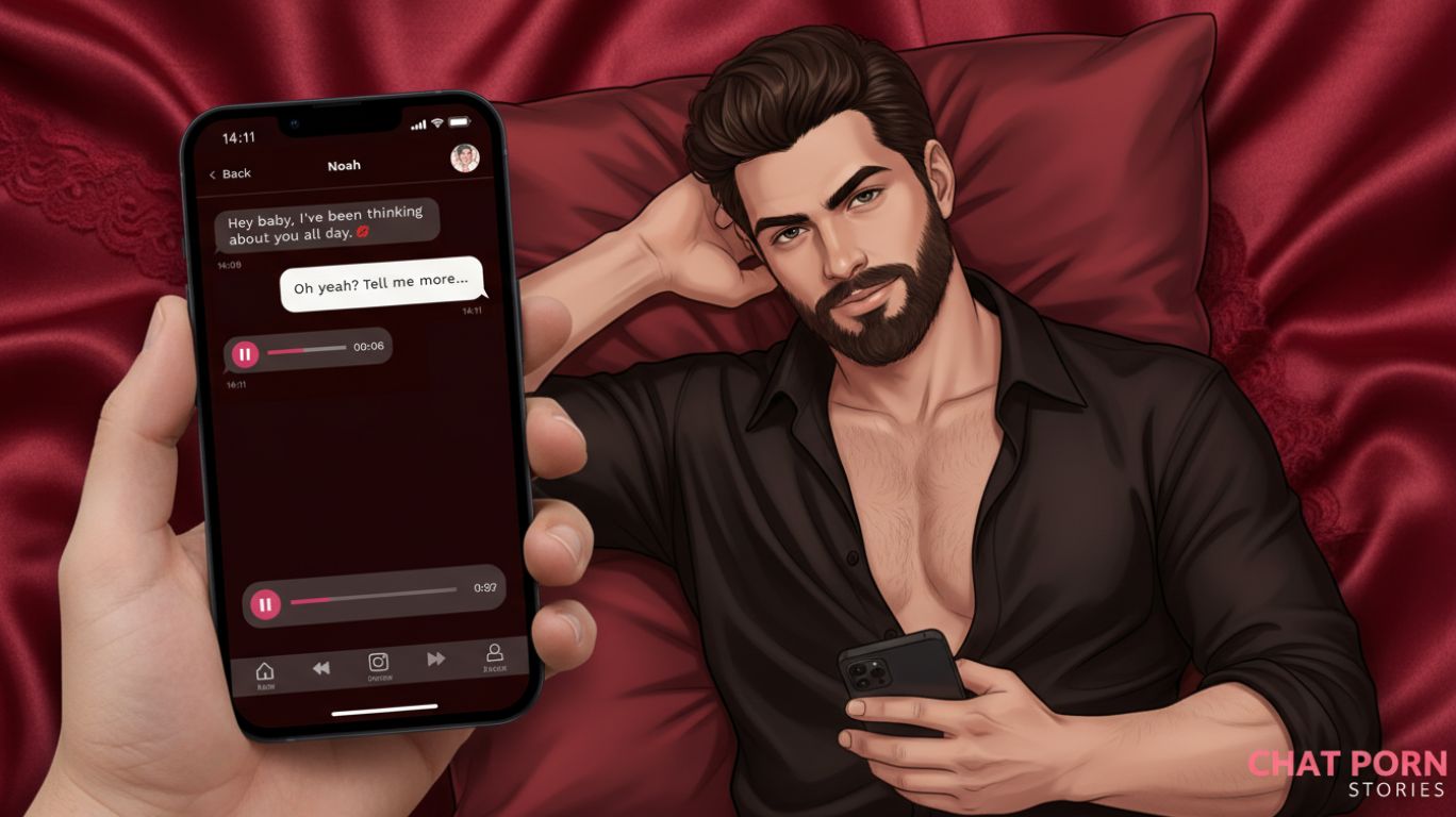 A digital illustration showing a person holding a smartphone displaying a chat conversation with the text ‘Hey Baby, I’ve been thinking about you all day.’ and ‘Of yashi tell me more.’ In the background, a man with dark hair and a beard reclines on a red satin surface. The scene emphasizes intimate digital conversation, fantasy, and playful engagement, representing chat porn. Soft, warm lighting creates a sensual yet tasteful atmosphere. Artistic, high-resolution, slightly stylized composition, 1368 x 768 pixels, highlighting interactive adult communication and emotional connection.