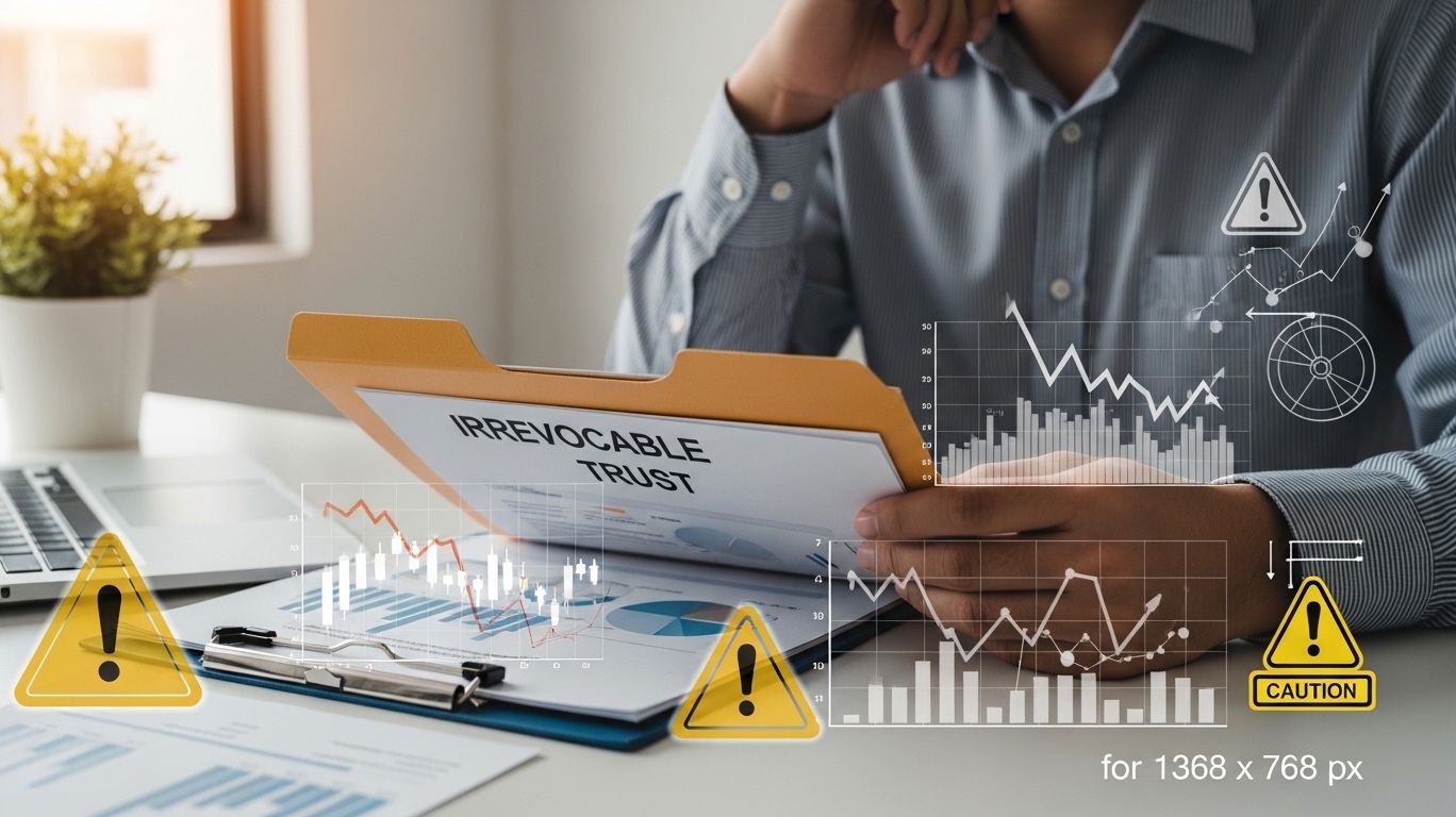 Professional reviewing documents labeled ‘Irrevocable Trust’ with declining investment charts and warning symbols, illustrating the dangers of irrevocable trust and possible loss of asset value.
