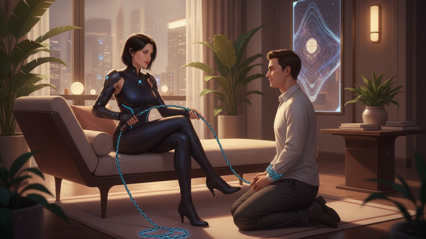 Illustration of a dominant woman and submissive partner in a safe, respectful setting, emphasizing consent, boundaries, and trust in femdom games. Artistic depiction highlighting responsible and positive adult fantasy experiences.