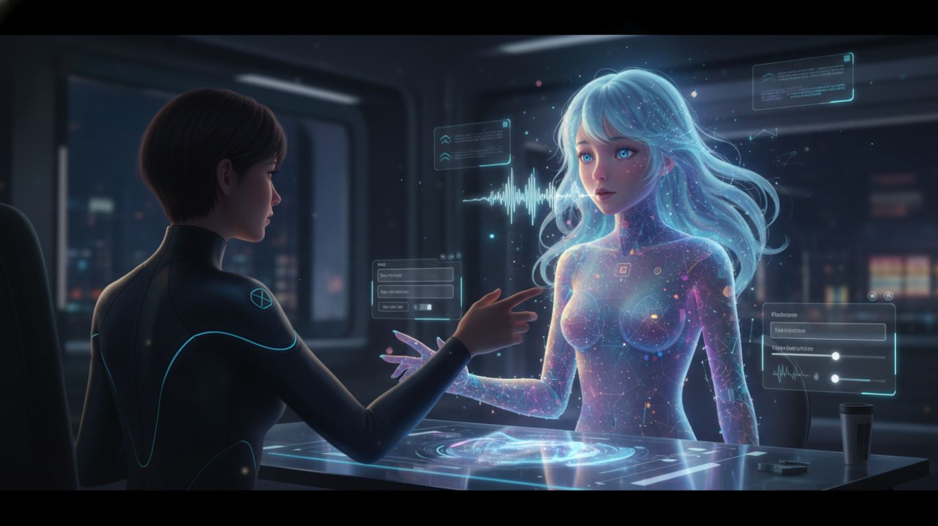 Futuristic visualization of free ai porn chat showing advanced AI avatars, emotional intelligence, and immersive digital intimacy technology.