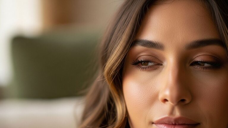 Close-up of a person with a half lidded eyes, subtle makeup, warm skin tone, and soft brown hair, highlighting a relaxed and expressive gaze.