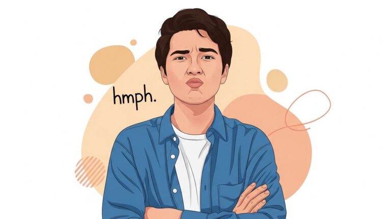 Cartoon illustration of a person with arms crossed and puckered lips, showing a subtle 'hmph' expression with the word 'hmph,' illustrating the hmph meaning for a blog featured image.