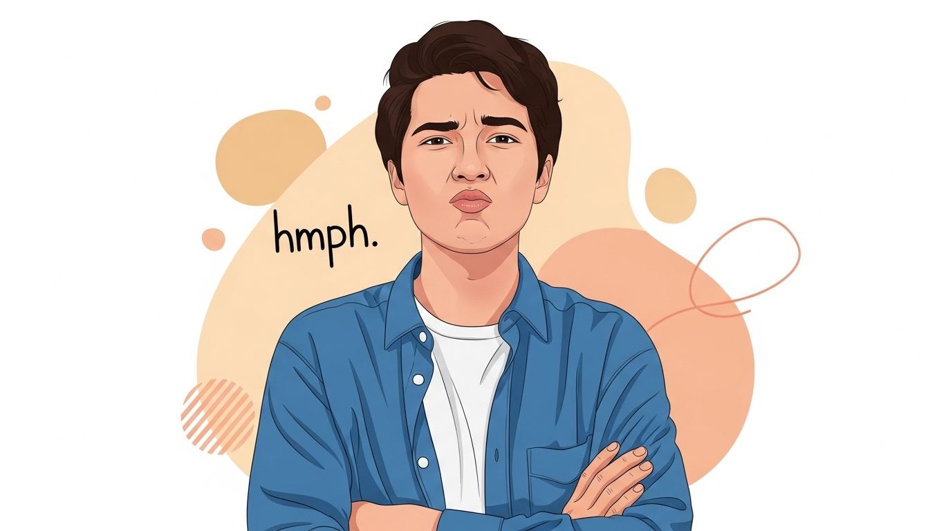 Cartoon illustration of a person with arms crossed and puckered lips, showing a subtle 'hmph' expression with the word 'hmph,' illustrating the hmph meaning for a blog featured image.