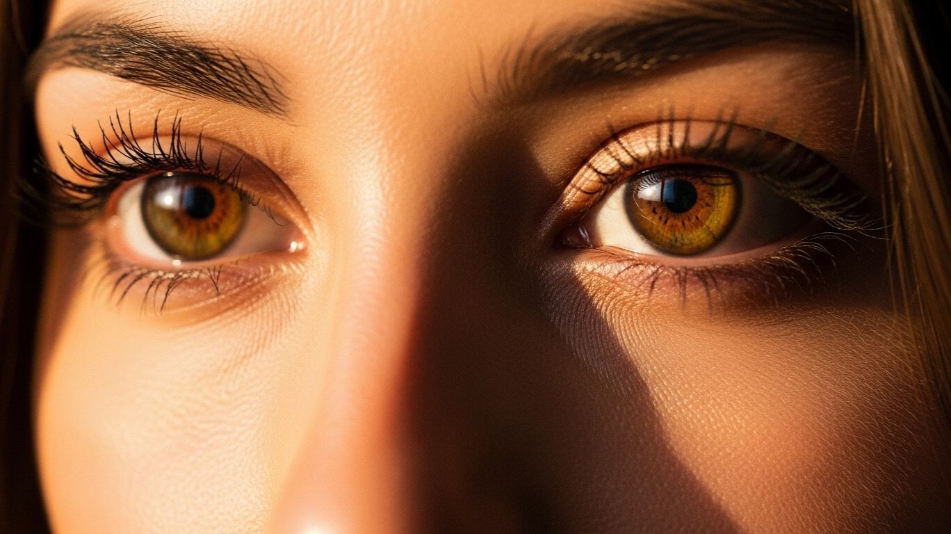 Close-up of stunning honey brown eyes with golden hues and warm earthy tones, reflecting depth and natural beauty, captured in soft lighting for a captivating effect.