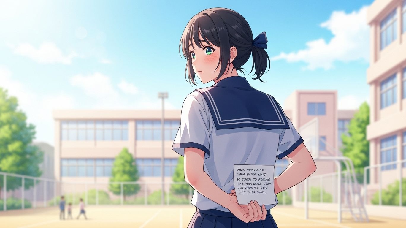 How to confess to your crush – illustration of a shy teen holding a love note, nervously preparing to share their feelings in a sunny schoolyard, capturing the excitement and anticipation of confessing to someone you like.