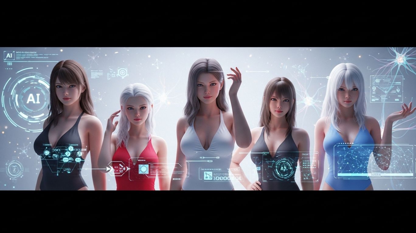 Five stylized naked ai girls concept characters in sleek futuristic swimsuits stand confidently before a glowing digital display filled with AI logos and advanced network graphics, representing the evolution of artificial intelligence in anime-inspired art.