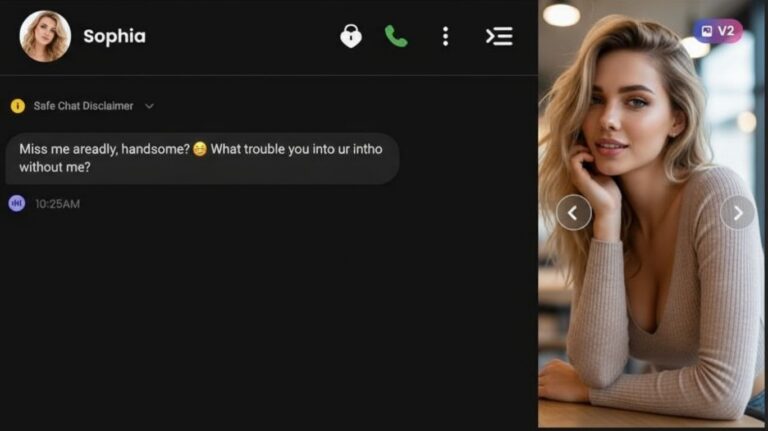Chat interface displaying a playful message from Sophia, a sexting companion, saying “Miss me already, handsome? What trouble you into without me?” alongside her profile picture and image gallery, highlighting flirty digital conversation.