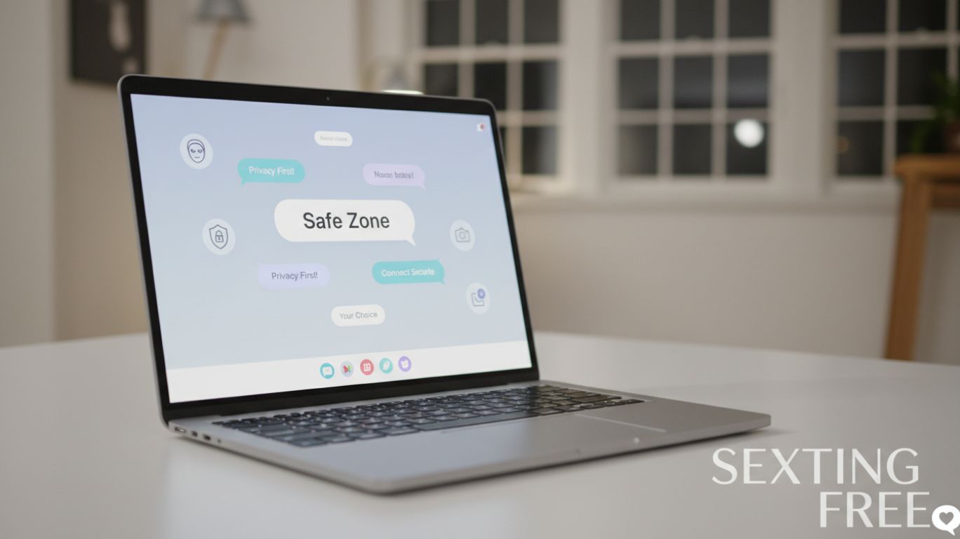 Illustration of a laptop and smartphone showing chat bubbles with icons for anonymity, privacy, and safe communication, highlighting sexting free platform choices.
