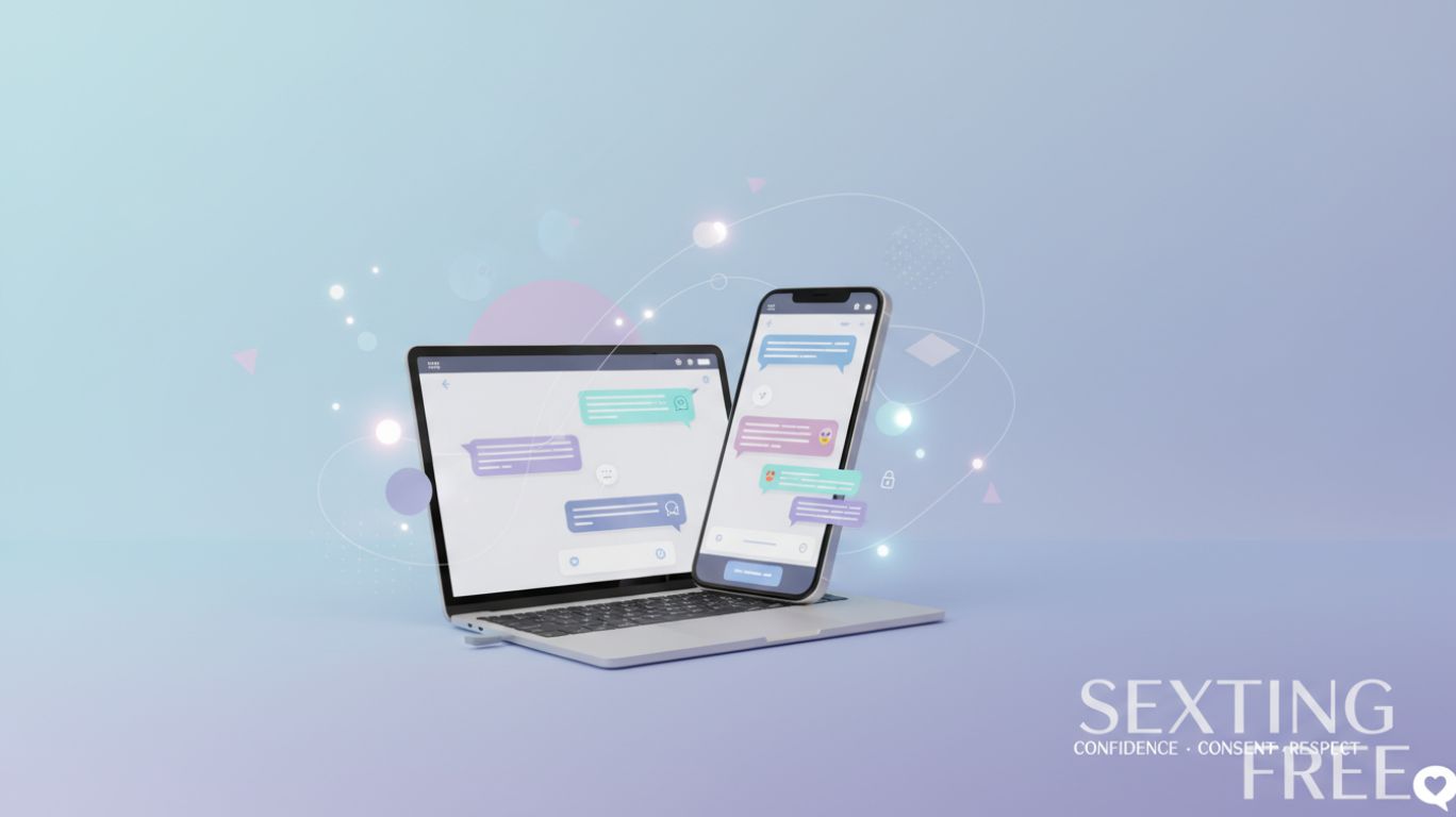 Illustration of a smartphone and laptop with chat bubbles and icons for consent, communication, and privacy, representing confident and safe sexting free platforms.