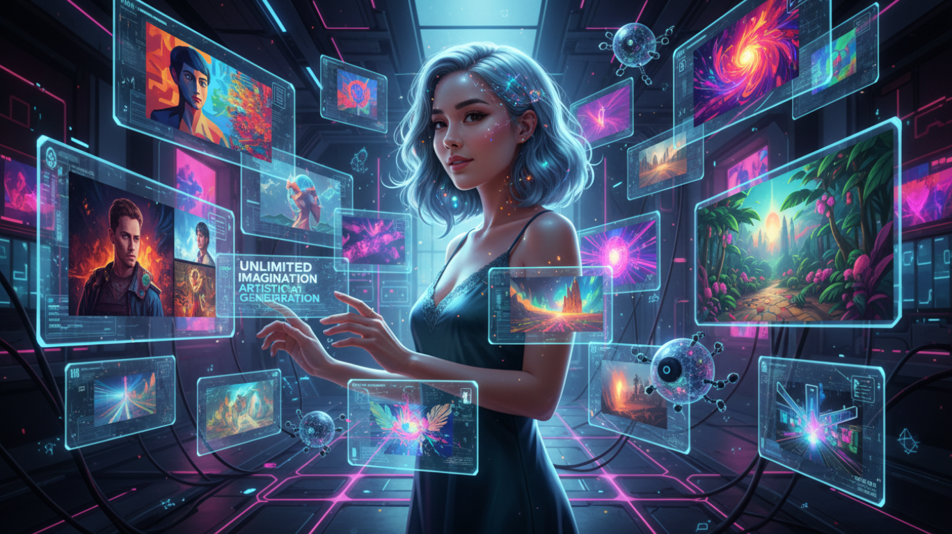 “Futuristic digital illustration of a creator using an uncensored AI generator, surrounded by holographic AI artwork, symbolizing unlimited creative freedom and the future of AI-driven art.