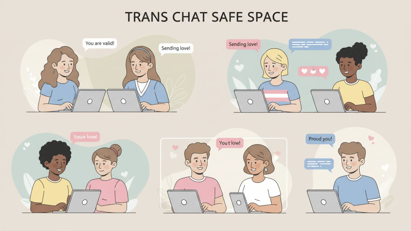 Inclusive illustration of a safe online trans chat space where transgender people and allies connect with acceptance, emotional support, and understanding.