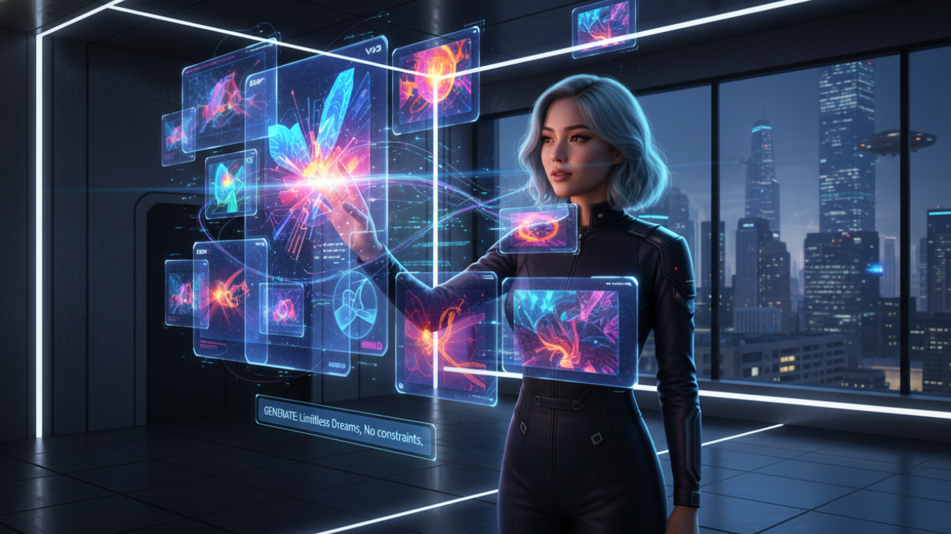 Illustration of a creator using an uncensored AI generator, surrounded by holographic AI artwork, representing limitless imagination and unrestricted creative freedom in digital art tools.