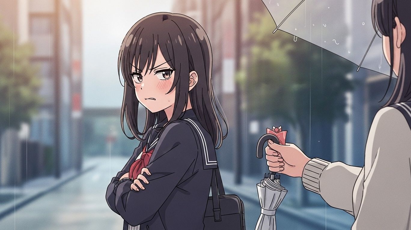 Anime illustration explaining what is a tsundere, showing a blushing girl with a harsh expression secretly offering kindness through a gentle action, highlighting classic tsundere traits of emotional contrast and hidden affection.