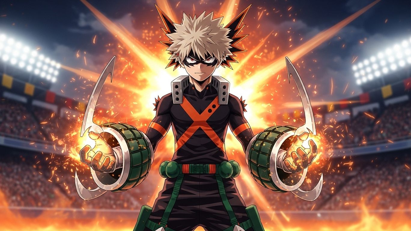 "Explosive anime character inspired by Bakugo showcasing intense power during a sports festival scene, representing the dramatic reveal of the bakugo hero name Great Explosion Murder God Dynamight.