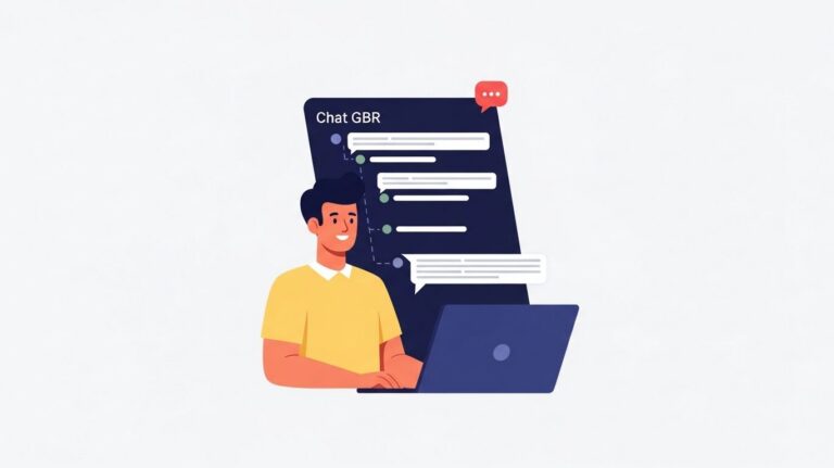 A person sitting in front of a laptop with a chat interface displayed on a dark screen, featuring chat gbr and a red chat bubble icon.