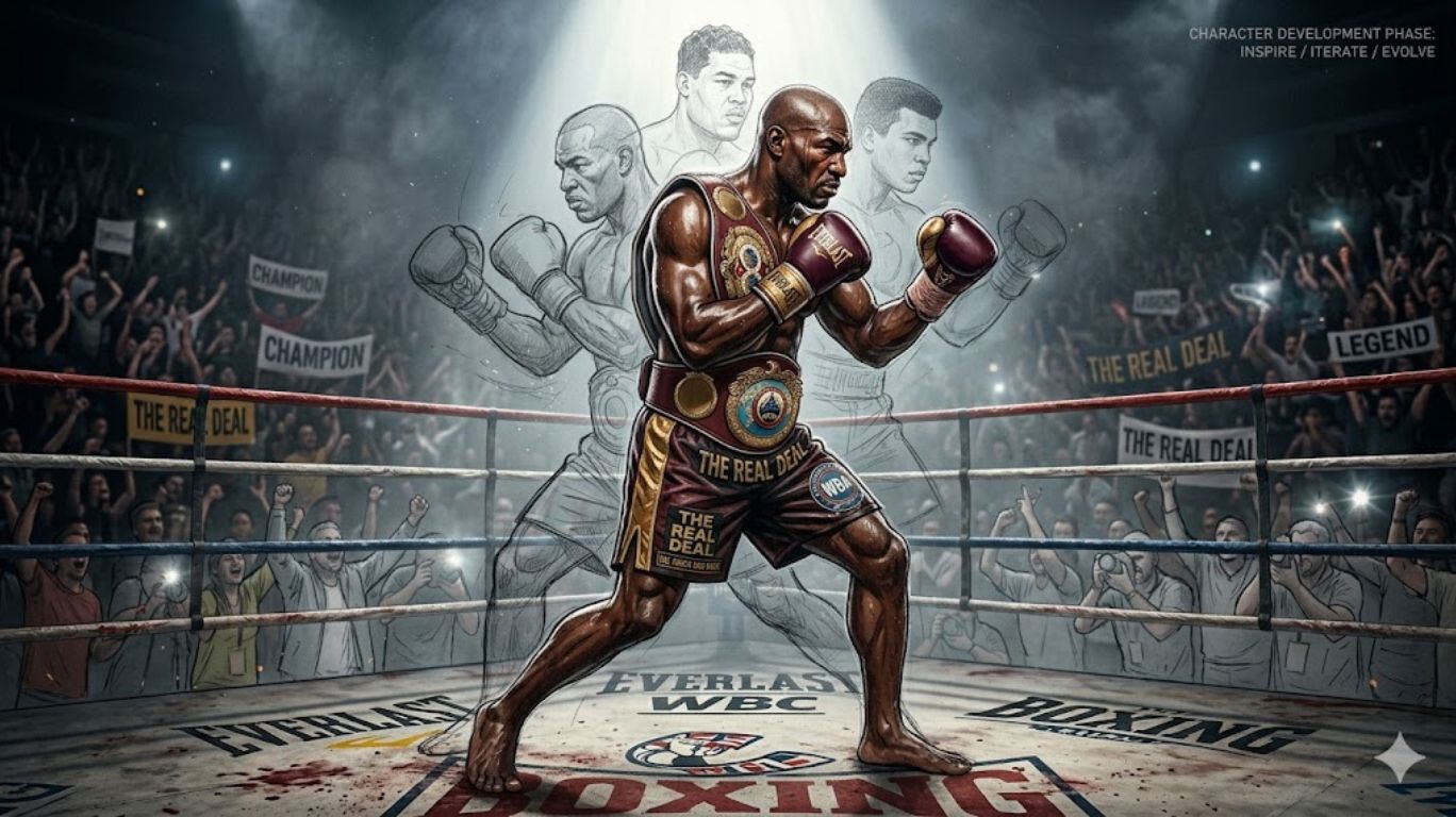 Fictional boxer character inspired by Evander Holyfield showing strength and determination, representing crafting characters influenced by Evander Holyfield