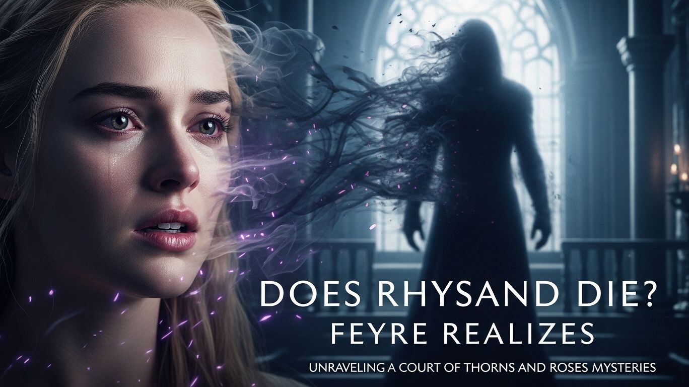 A close-up of a woman's face with tears in her eyes, with a shadowy figure and purple magical energy behind her. Text reads "DOES RHYSAND DIE? FEYRE REALIZES UNRAVELING A COURT OF THORNS AND ROSES MYSTERIES".