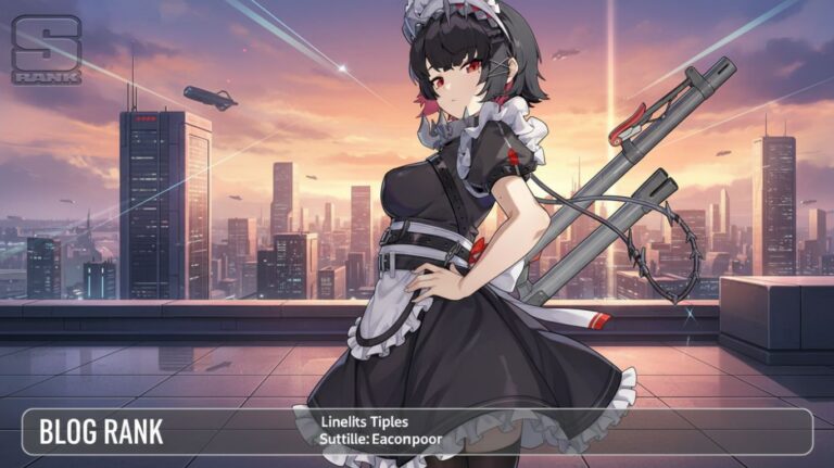 Ellen Joe ZZZ in a maid outfit stands on a rooftop overlooking a futuristic cityscape with flying vehicles. The character holds a large, complex weapon. The text "BLOG RANK" is visible in the lower left corner.