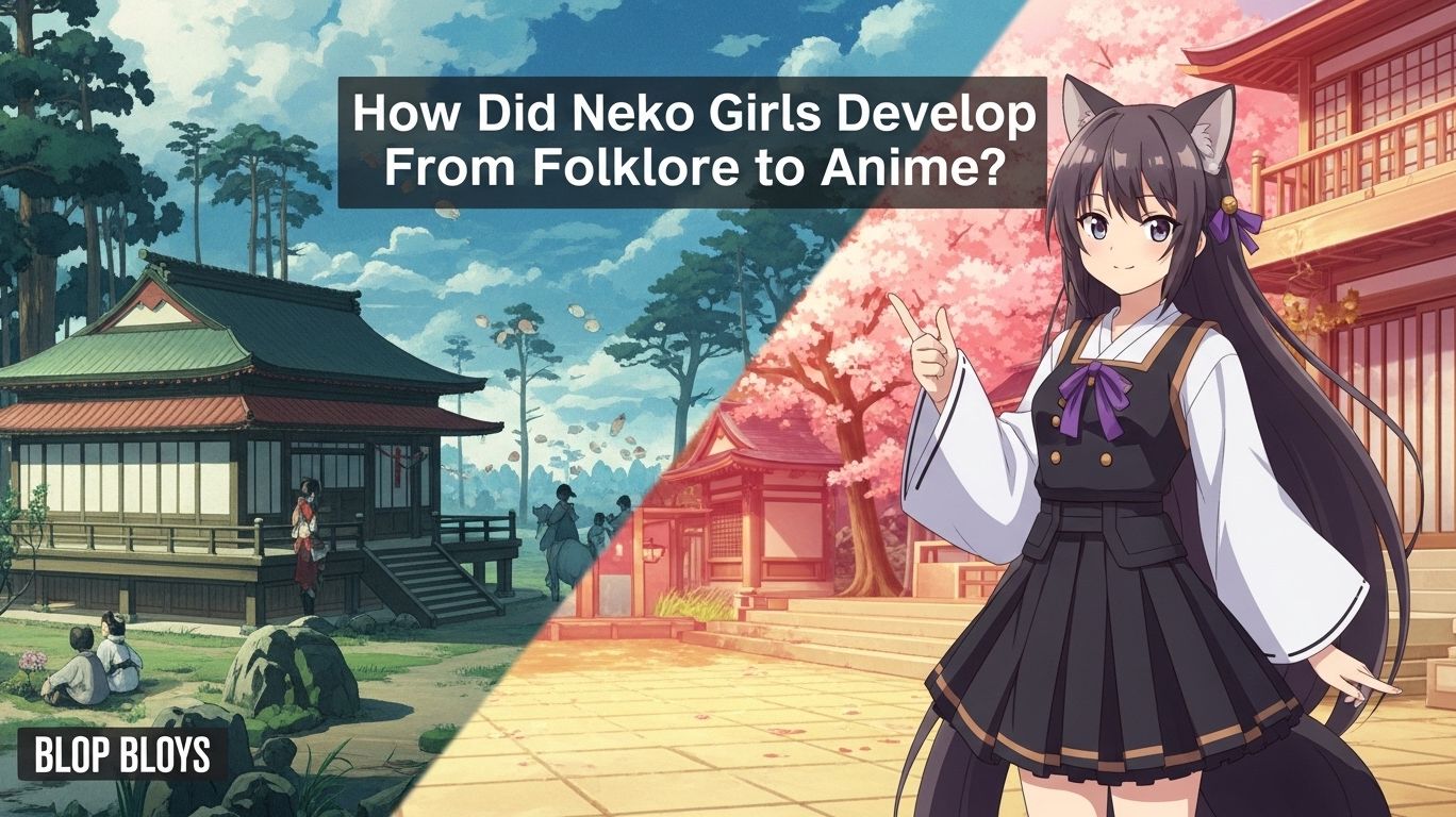 A split image showing traditional Japanese architecture and people on the left, and an anime-style character with cat ears on the right, with the text "How Did Neko Girls Develop From Folklore to Anime?" across the top.