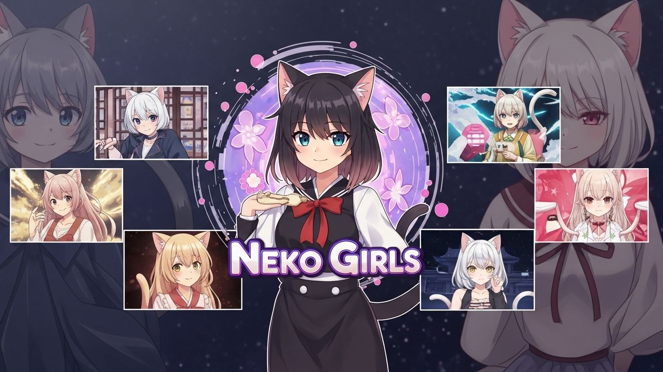 The title card for "Neko Girls" features a central anime character with cat ears and a black uniform, surrounded by smaller images of other anime characters, also with cat ears.
