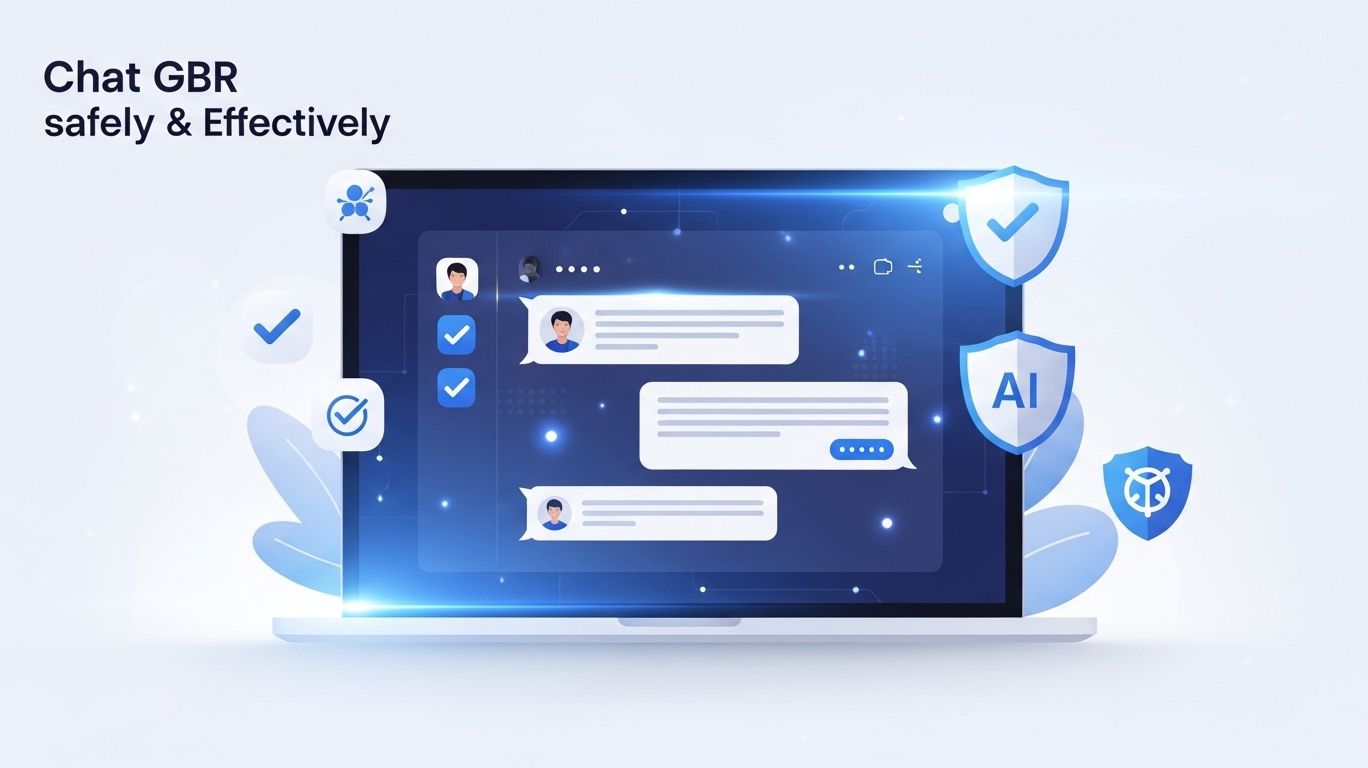 Illustration of a person using Chat GBR safely on a laptop, showing responsible AI practices and tips for effective use of Chat GBR.
