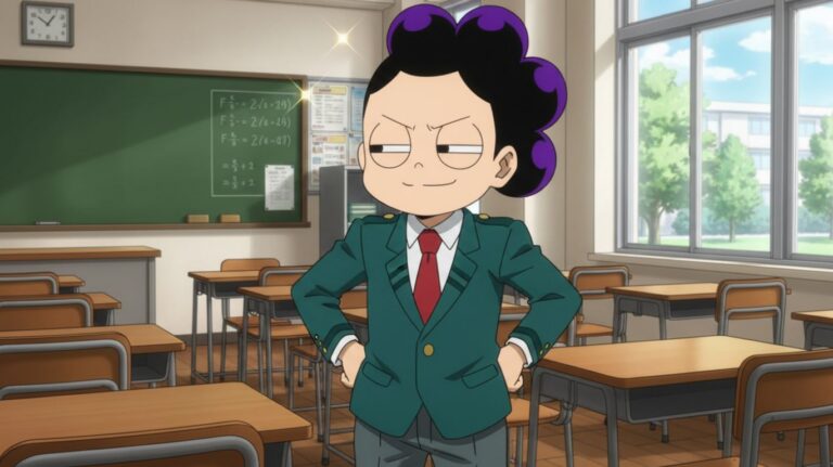 Mineta Mha, a male character with purple ball-shaped hair and glasses stands with his hands on his hips in a classroom with desks and a chalkboard.