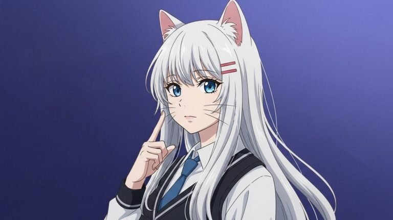 An anime character, which is Neko girl, with long white hair, blue eyes, cat ears, and whiskers, wearing a school uniform with a white shirt, blue tie, and dark vest.