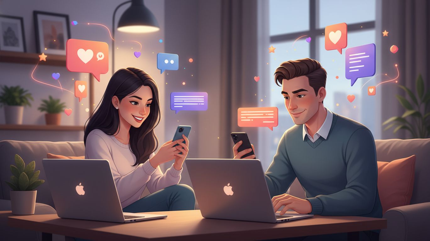 Two adults engaging in a playful digital conversation on phones and laptops, illustrating sex chat and erotic communication for a blog featured image.