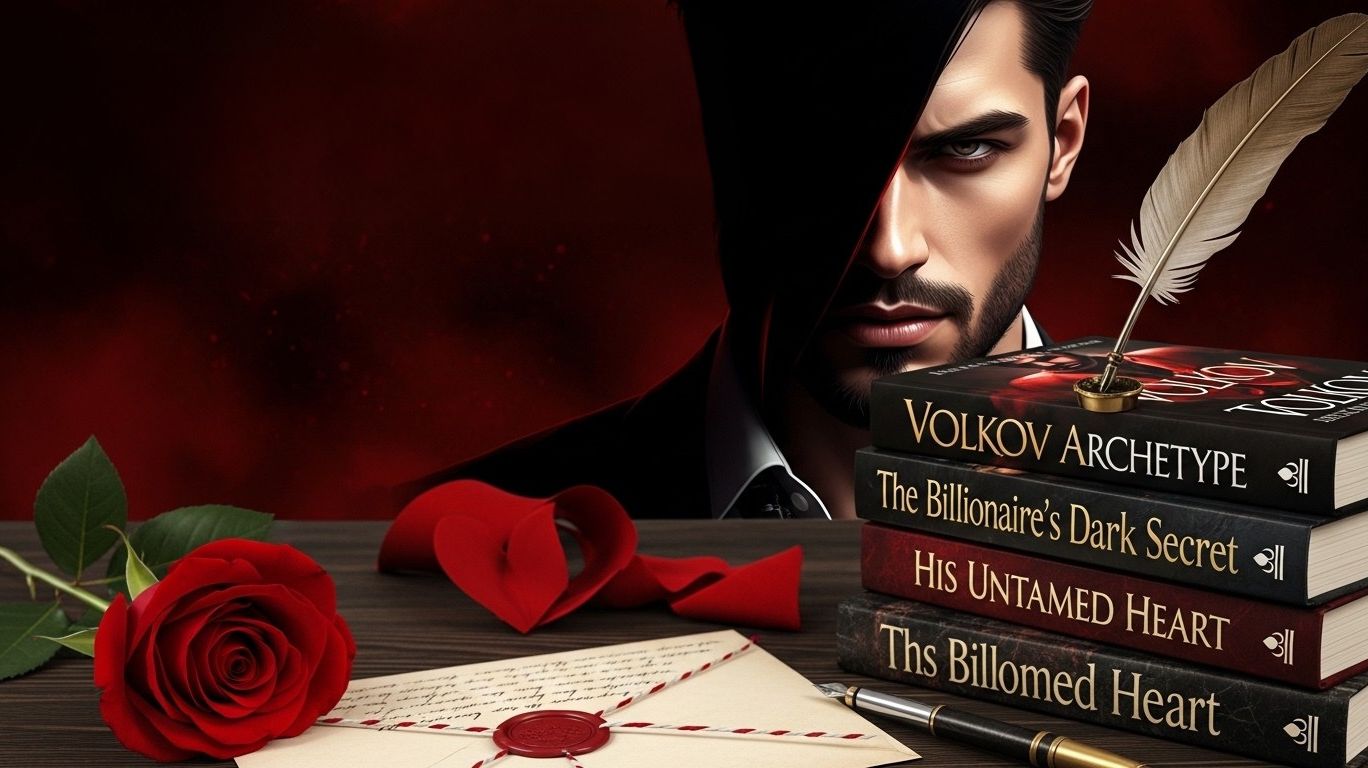 A stack of romance novels titled "Volkov Archetype," "The Billionaire's Dark Secret," "His Untamed Heart," and "The Billowed Heart" rests beside a quill pen. A red rose and a sealed letter lie on a wooden table, with the shadowy figure of a man in the background. The text "What Keeps the Archetype Trending in Romance Fiction?" is displayed prominently.