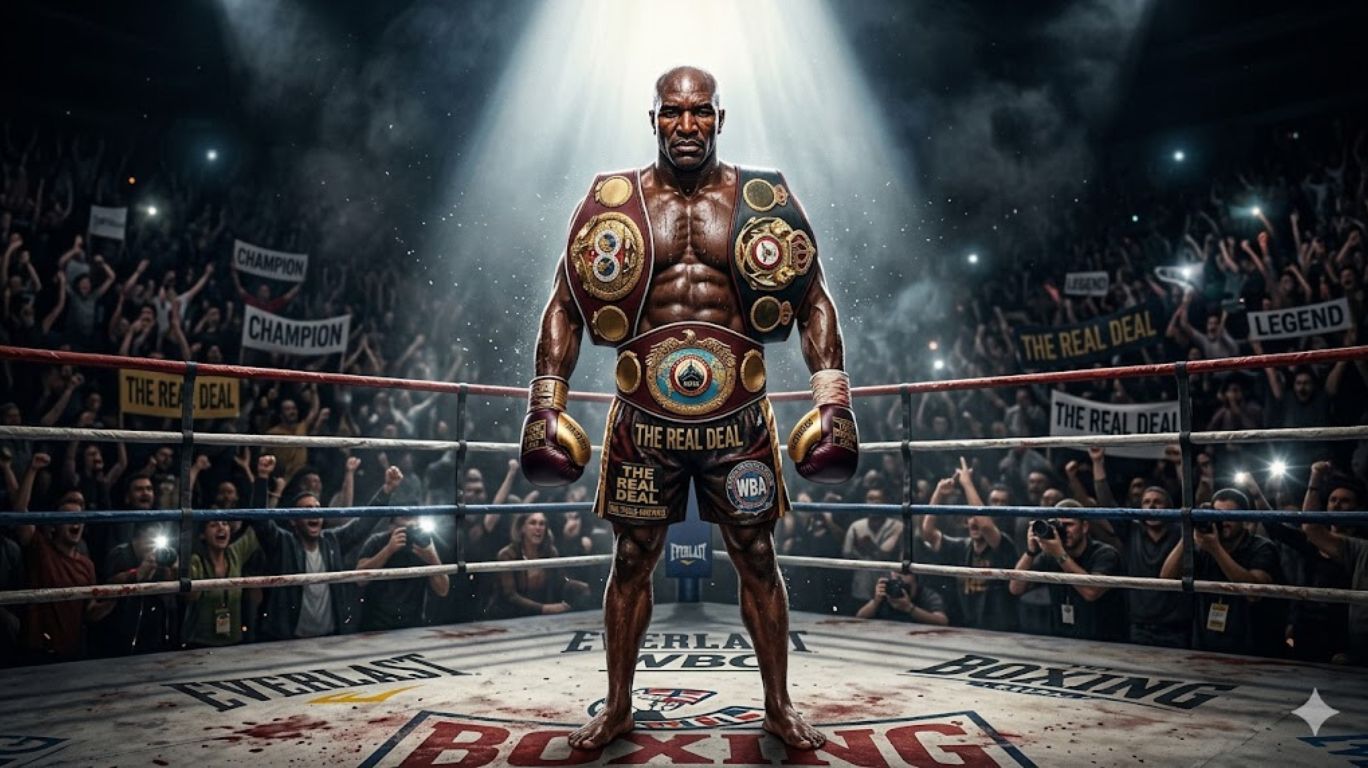 Evander Holyfield inspired boxer standing strong in a ring, showcasing dominance and resilience that define Evander Holyfield’s compelling persona.