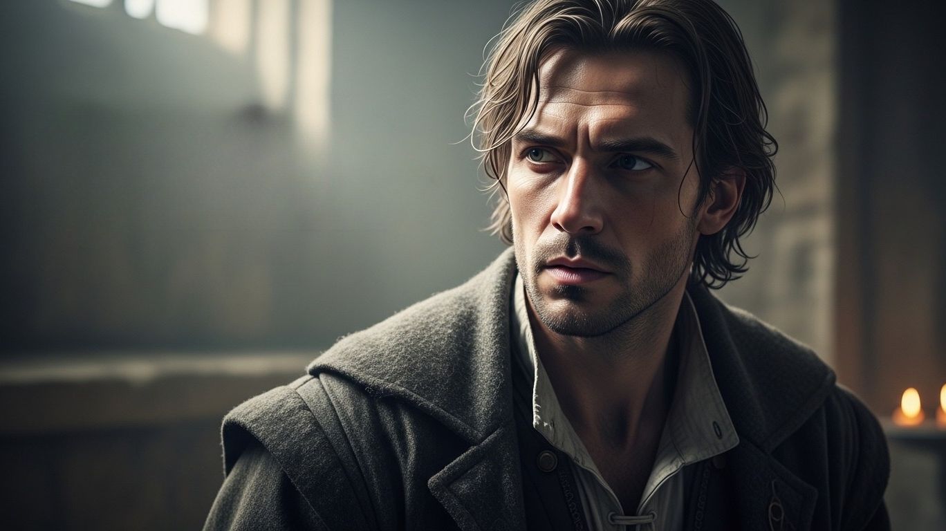 A man with dark hair and a serious expression, wearing a coat, with text overlayed that reads "What Makes the Volkov Archetype So Emotionally Compelling?"