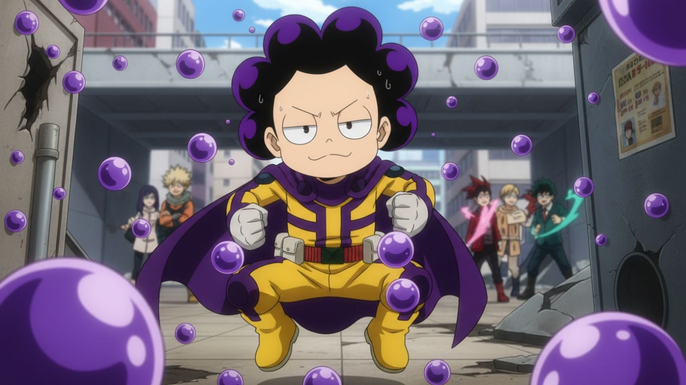 Illustration of Mineta MHA in hero costume at U.A. High School, showing his comedic personality and strategic role in My Hero Academia's story.