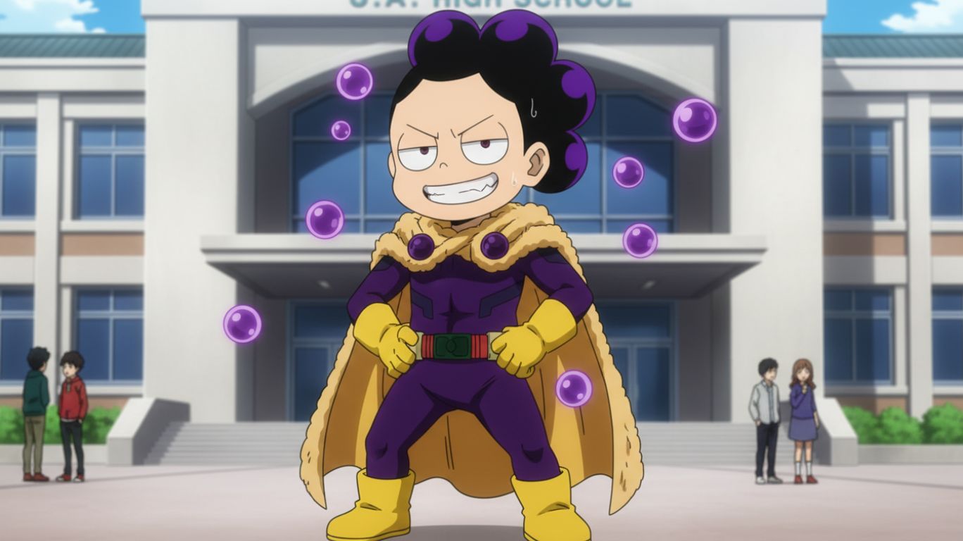 Digital illustration of Mineta MHA in Class 1-A hero costume at U.A. High School, showcasing his comedic personality and quirk from My Hero Academia.
