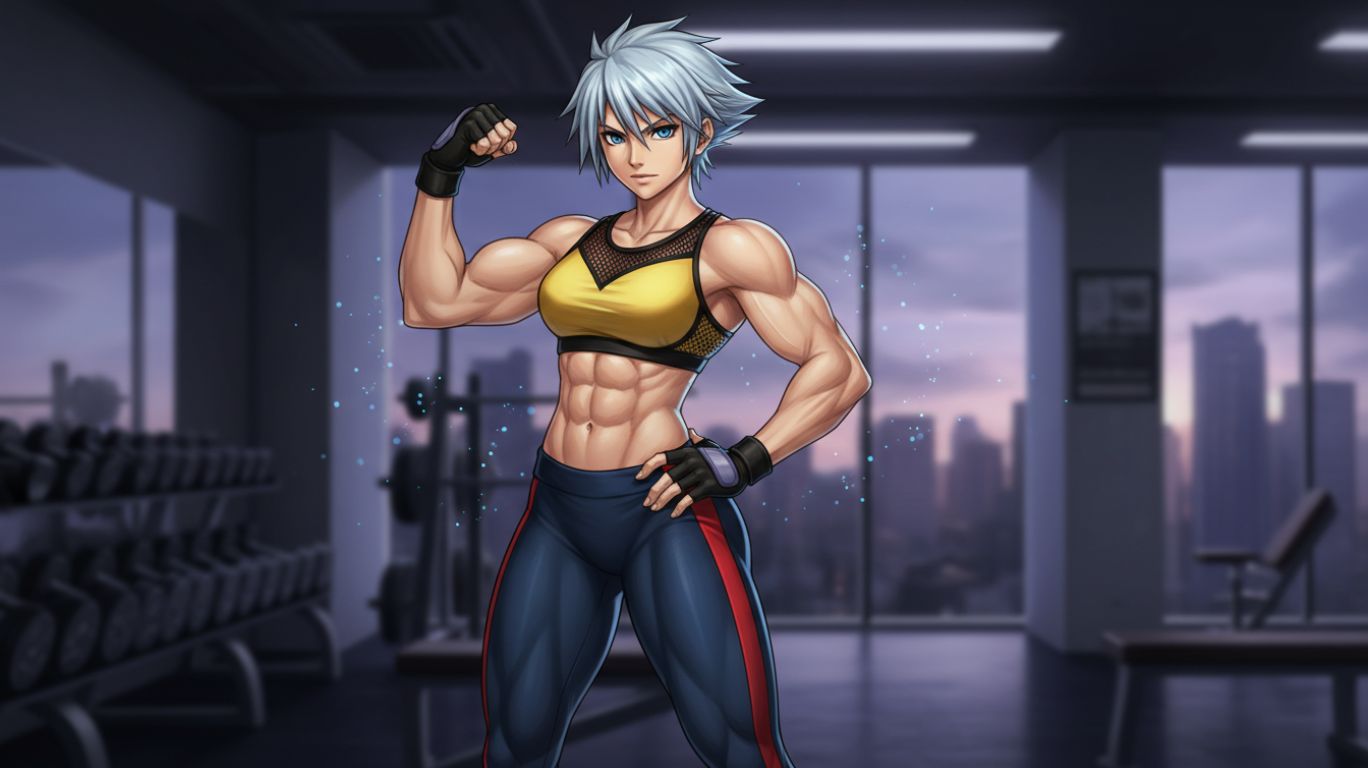 Digital illustration of Riku, a strong and confident original character with a gym-rat physique and bold outfit, representing her athleticism and seductive confidence