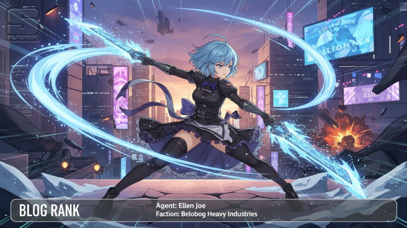 Ellen Joe ZZZ from Zenless Zone Zero performing fast Ice melee attacks, highlighting her as a strong DPS agent in New Eridu.