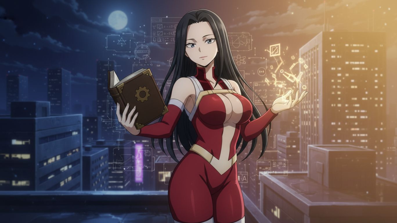 mha momo standing confidently with calm expression and glowing Creation energy, symbolizing intelligence, growth, and why fans love her character.