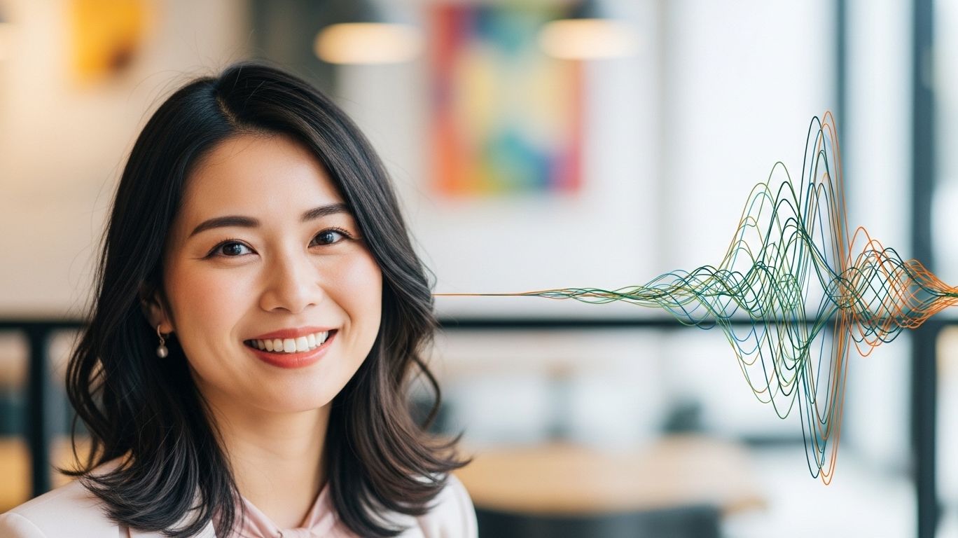 Haruka smiling as a line graph representing sound waves emanates from her ear.