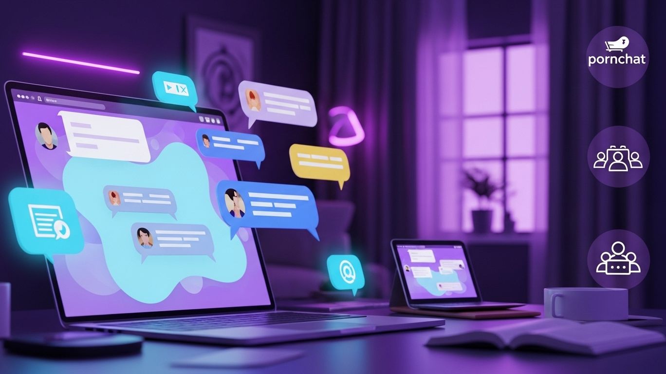 Digital illustration showing a person using pornchat on a laptop, representing the flexibility, discretion, and community that explain why pornchat became so popular.